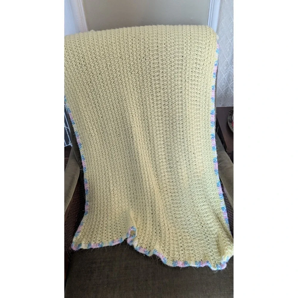 vintage hand crocheted sunny yellow‎ baby blanket afghan pink blue cottage